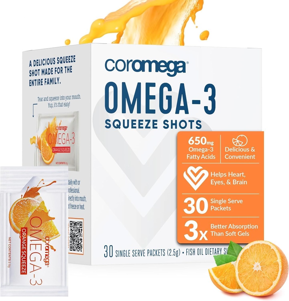 Coromega Omega 3の魚油の補足、3XのOmega-3sの650mgはSoftgels、オレンジ味、30の単一のServe Squeezeのパケットより吸収をよくします
