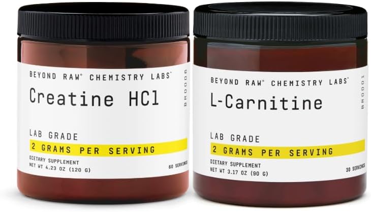 BEYOND の未加工クレアチン HCL の粉 + L カルニチンの粉の束