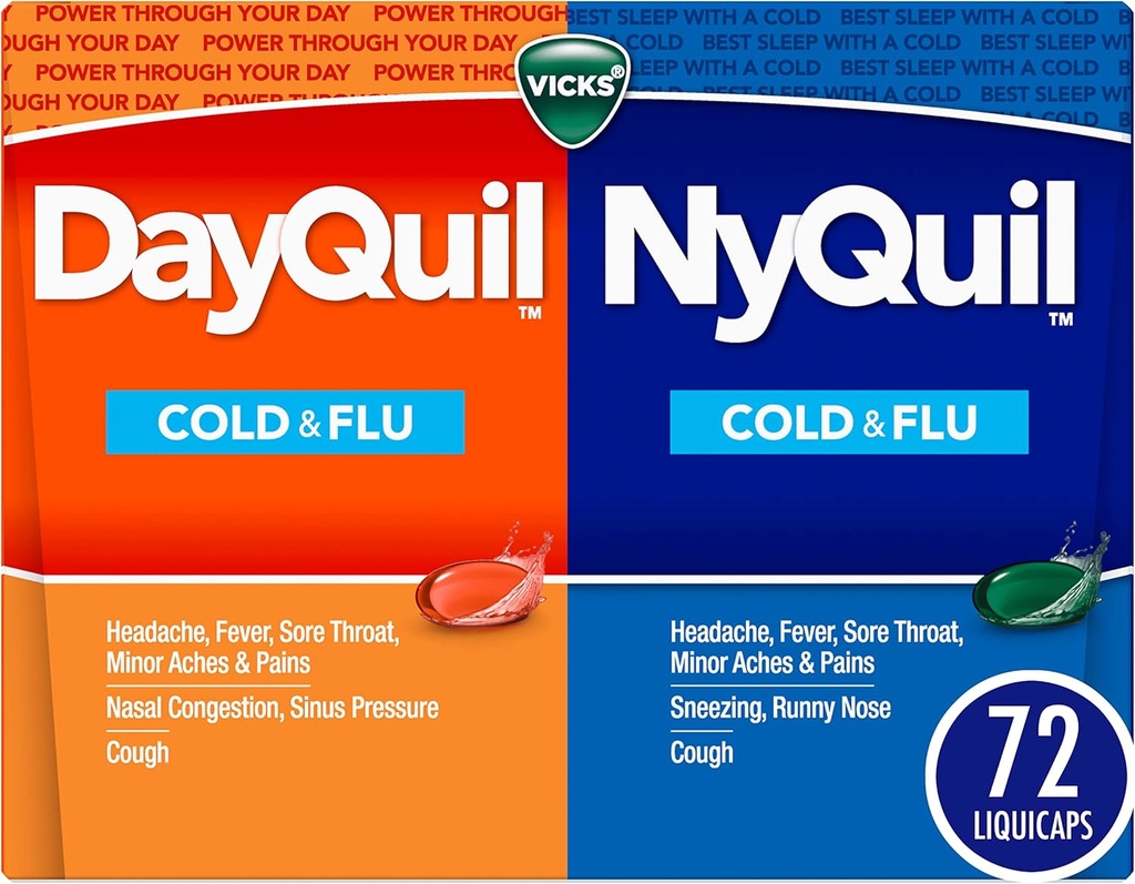 Vicks DayQuil&NyQuil Co-Pack、Cold&Flu Medicine、頭痛、フィーバー、痛み、痛み、および咳、72ctの強力なマルチ症状の昼間の救済