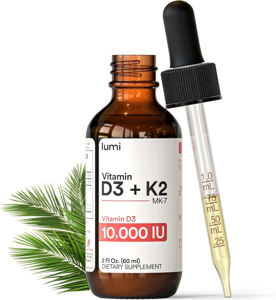 ルミ ビタミン D3 K2 MK7 w パーム MCT オイル - 10000 IU D3、200 mcg K2 MK7-60ml 口腔吸収体液滴 - 非GMO、ビーガン、非風味液体 - 月間供給 - 2 Fl Oz