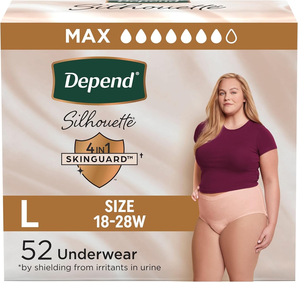 Depend Silhouette Adult Diapers, Incontinence & Postpartum Bladder Leak Underwear for Women, Maximum Absorbency, Large, Pink, 52 Count (2 Packs of 26), Packaging May Vary
