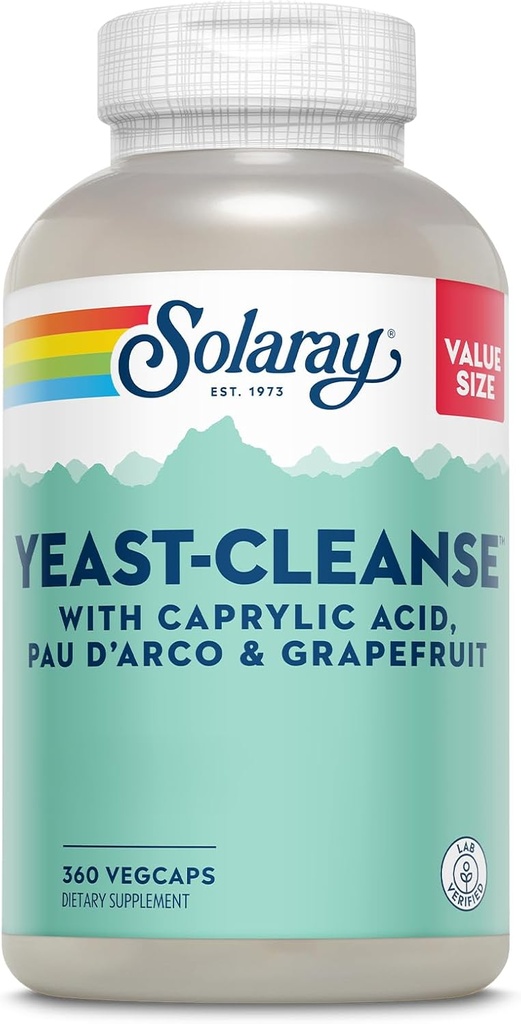 SOLARAY Yeast Cleanse、カプリル酸、PAU d'Arco、Licorice Root抽出物、グレープフルーツ種子抽出物、60日保証、60日保証、60のサービング、360 VegCaps