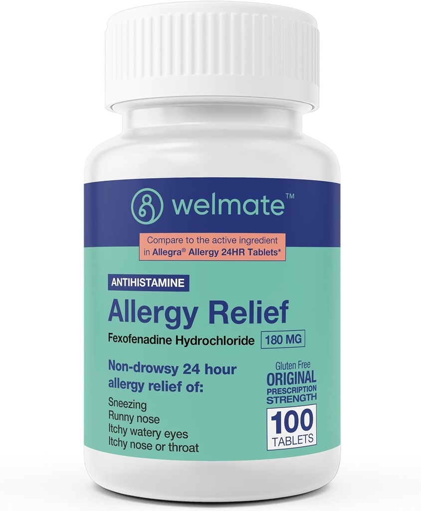 WELMATE - アレルギーの救済 - Fexofenadine HCl 180 mg - 24 時間非眠症抗ヒスタミン - ニース - かゆみの目 - 鼻と喉 - アレルギーの救済錠 - 100 カウント