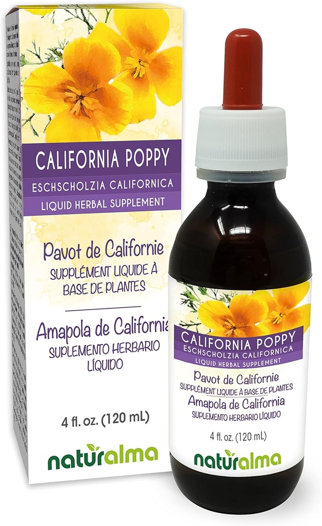 ナチュラルマ Escholzia (Eschscholzia californica) ハーブ アルコールフリー チンキ - 4 fl oz 液体エキス ドロップ - ハーブ サプリメント - ビーガン
