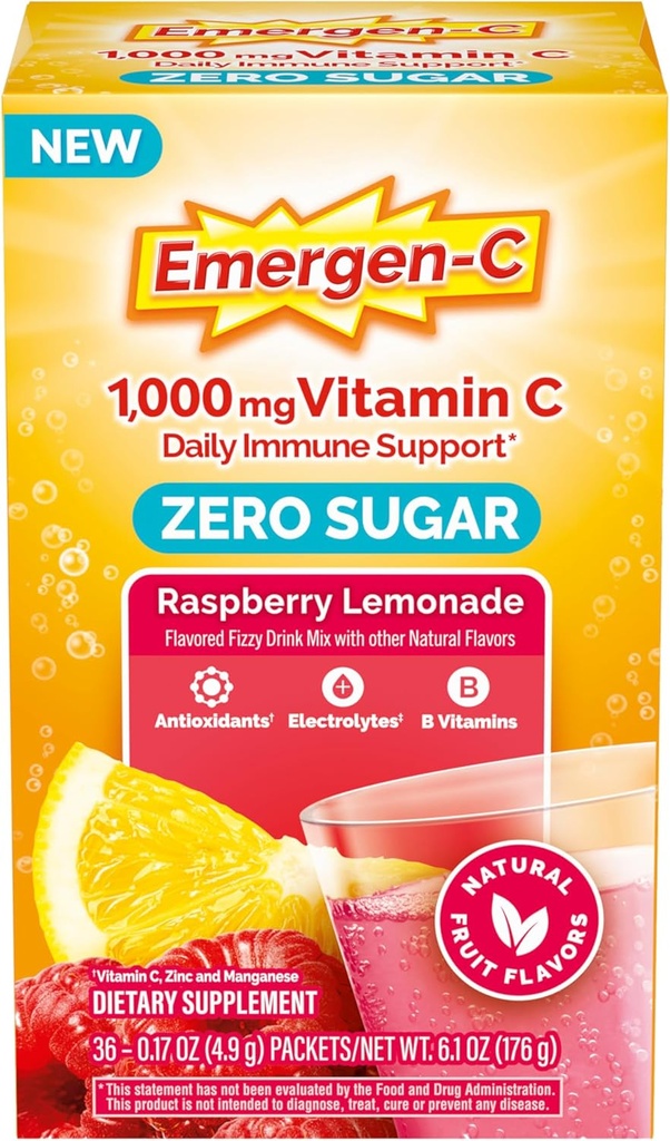 毎日の免疫サポートカフェインのためのEmergen-Cのゼロ砂糖1000のmgのビタミンCの粉は亜鉛およびマンガン、Bのビタミンおよび電解物、ラズベリーのLemonadeの味- 36の計算と補います