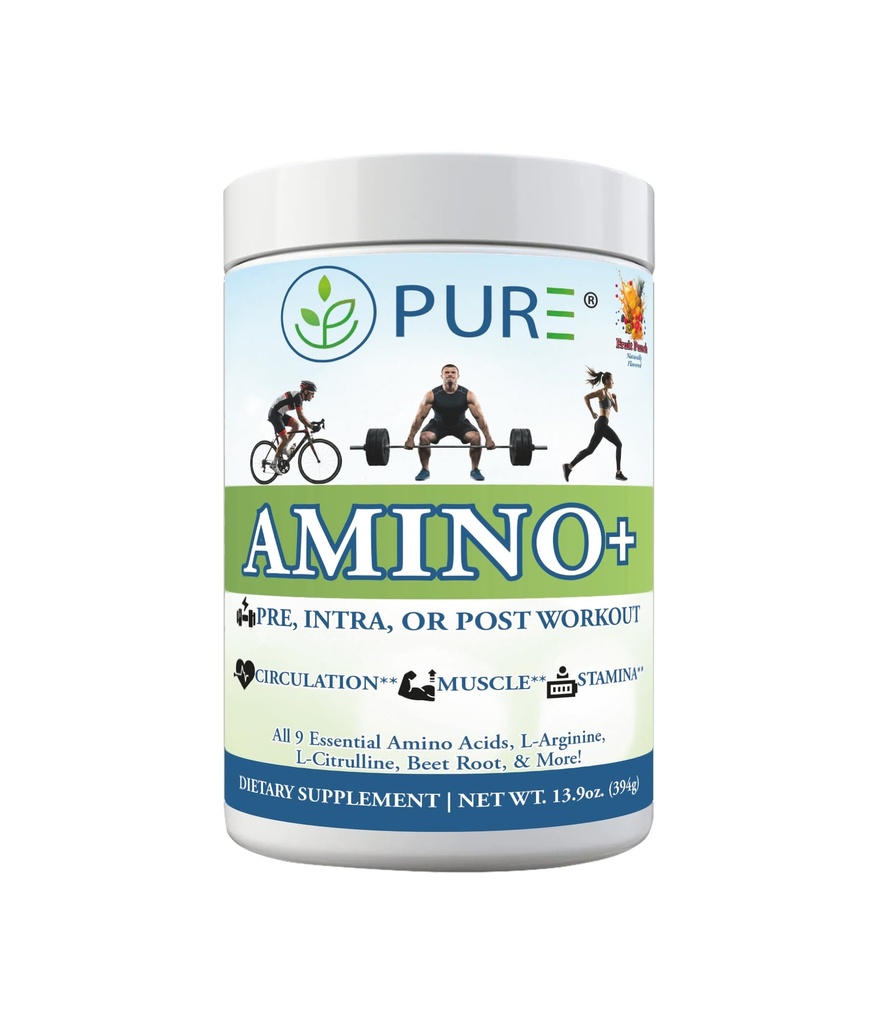PURE Amino+ ドリンクミックス, フルーツスプラッシュ, 9 エッセンシャルアミノ酸, L-アルギニン, L-シトルリン, 501g, 30 サービング, プレミアムウェルネスサプリメント