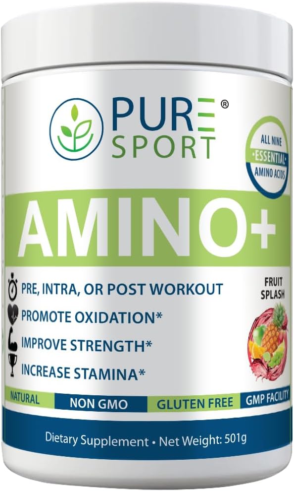 PURE Amino+ ドリンクミックス, フルーツスプラッシュ, 9 エッセンシャルアミノ酸, L-アルギニン, L-シトルリン, 501g, 30 サービング, プレミアムウェルネスサプリメント