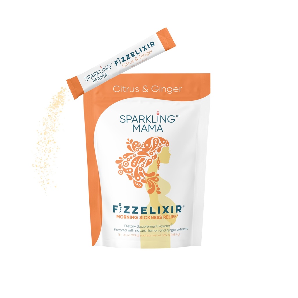 SPARKLING MAMA: 朝の病気の飲み物、Fizzelixir Effervescent Mix Settles the Stomach, Pregnancy, 1st Trimester, IBS, Nausea, USA Made (Vitamin B6, マグネシウム&葉酸), シトラス&ジンジャー 18 スティック