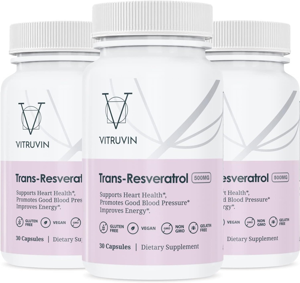 Vitruvin Trans-Resveratrol 500 mg, 3 ボトル パック, ビーガン, 非GMO, グルテンフリー, ゼラチンフリー.