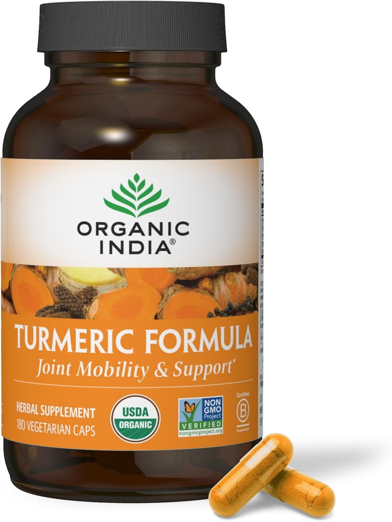 Organic India Turmeric Curcumin with Black Pepper - Organic Turmeric Supplement and Curcumin Supplement, Turmeric Capsules, Joint Support & Immune System Support, Whole Root, Trikatu - 180 Capsules
