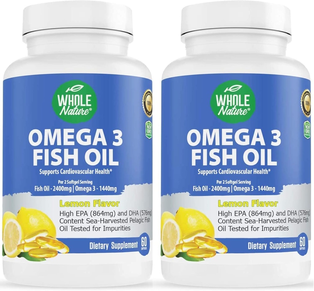 Omega 3 Fish Oil Supplements, Maximum Strength 2400 mg Omega-3, 1440mg Fish Oil, EPA and DHA Fatty Acids, Heart, Brain & Immune Support for Women and Men. Natural Lemon Flavor, 120ct (2)
