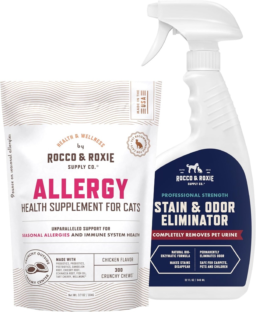 Rocco & Roxie Cat Allergy Supplements & Stain & Odor Eliminator Bundle