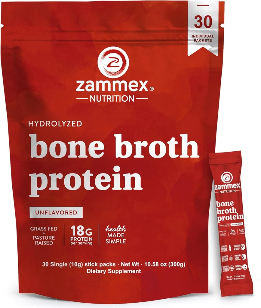 Zammex Bone Broth Packets-20g コラーゲンプロテイン リーフ ボーン ブロス パウダー to Go-30 トラベルスティック パケット支援 スキン ネイル ジョイント、腸の健康 | グルテンフリー |Keto & Paleo フレンドリー (15 サービング)