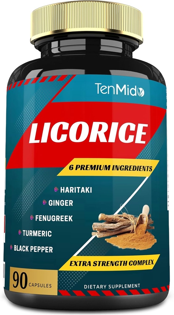 Licorice Extract Capsules with Turmeric, Ginger, Fenugreek, Haritaki, Black Pepper - Support Digestion Function - 90 Caps, 3 Months Supply