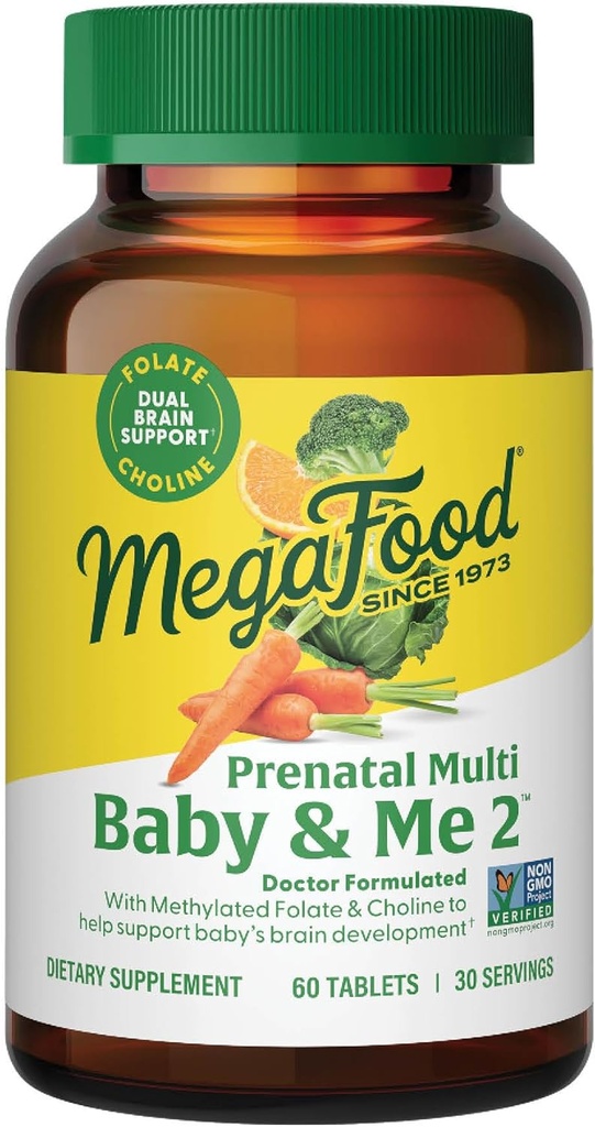 MegaFood Baby & Me 2 Prenatal Vitamin and Minerals - 女性のためのビタミン - Folate(葉酸ナチュラルフォーム)、Choline、鉄、イオジン、ビタミンC、ビタミンDなど - 60タブ(30サービング)