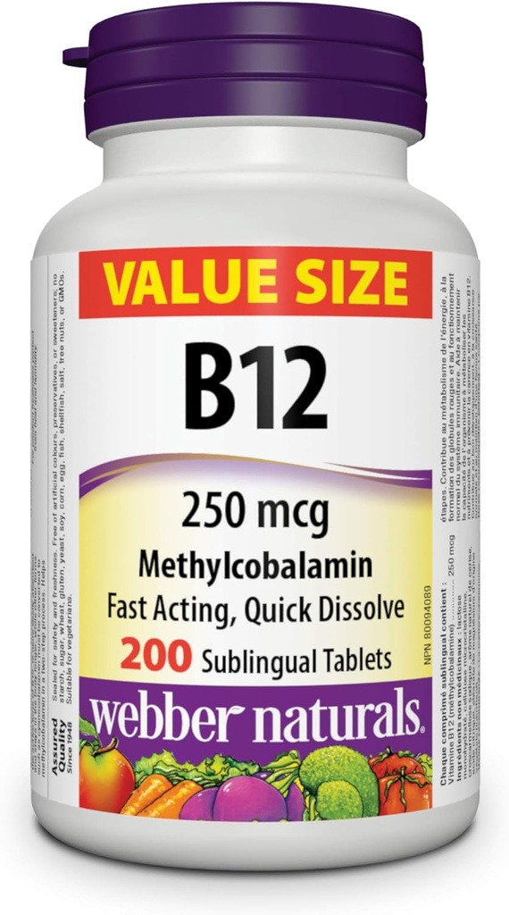 Webberの自然なビタミンB12 250のmcgのMethylcobalamin、200のSublingualのタブレット