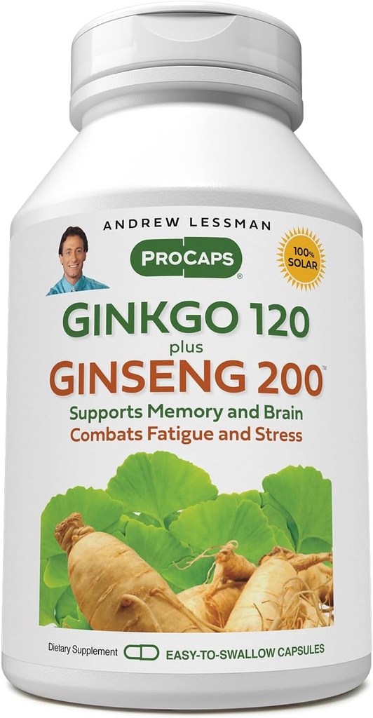 ANDREW LESSMAN Ginkgo 120 Plus Ginseng 200mg - 60カプセル - 標準化された抽出ブレンドは、脳、記憶、認知機能をサポートします。 アダプトゲン、コンバットストレスと疲労。 添加剤なし