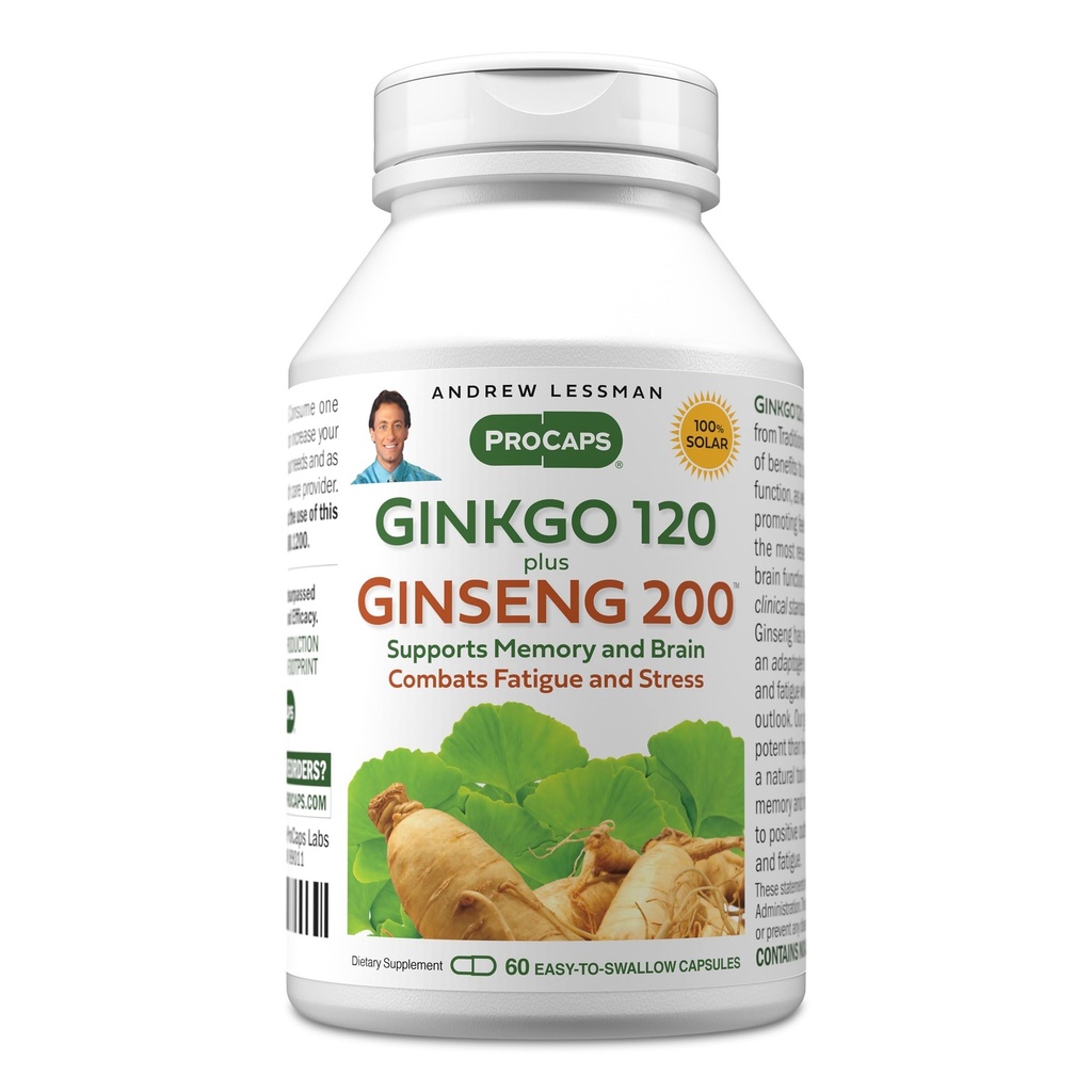 ANDREW LESSMAN Ginkgo 120 Plus Ginseng 200mg - 60カプセル - 標準化された抽出ブレンドは、脳、記憶、認知機能をサポートします。 アダプトゲン、コンバットストレスと疲労。 添加剤なし