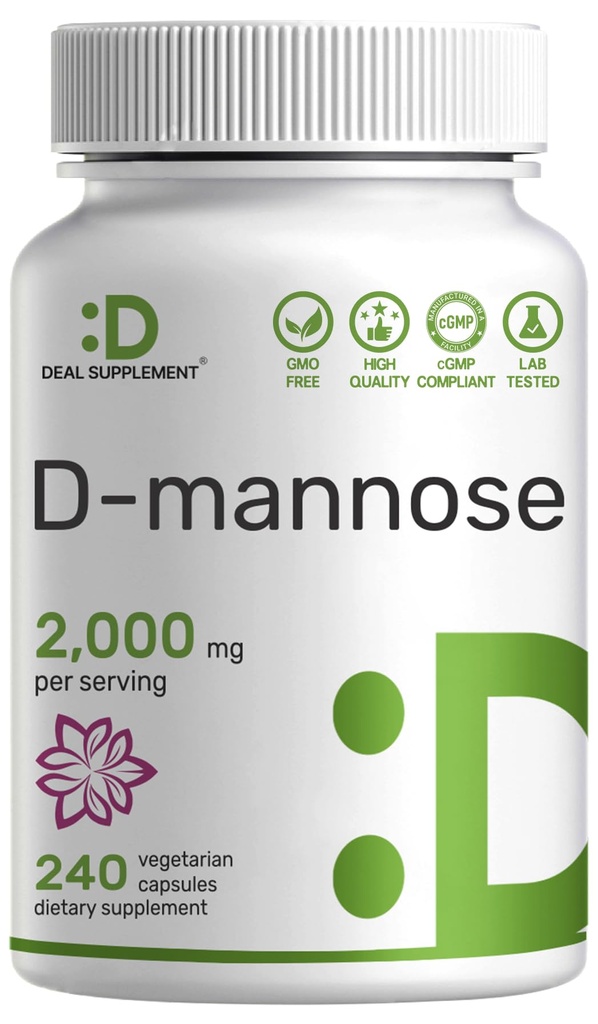 DEAL SUPPLEMENT D マンノー 500 mg カプセル (2,000 mg / サービング), 240 Veggie Pills – 速い作用水溶性フォーム – 余分な強度の尿路 (UTI) 健康サポート – GMO なし, ビーガンフレンドリー