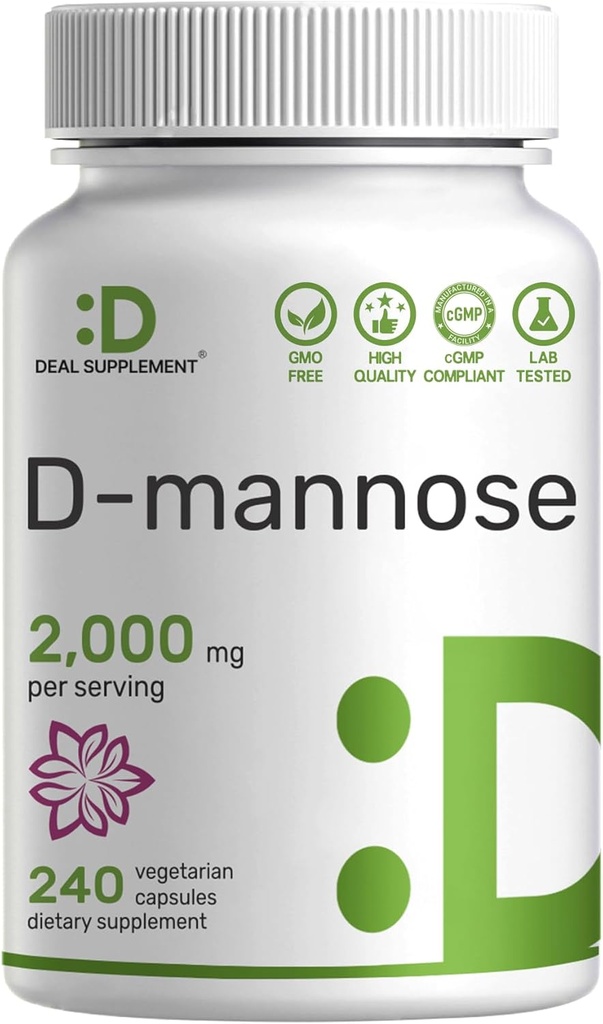 DEAL SUPPLEMENT D マンノー 500mg カプセル (2,000mg/サービング), 240 Veggie Pills – 速い作用水溶性フォーム – 余分な強度の尿路 (UTI) 健康サポート – GMO なし, ビーガン よくある質問