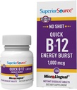 Superior Source NO Shot Quick Energy Burst B-12 1,000 mcg - Premium Nervous System Support Supplement - Non-GMO & Gluten-Free - 100 MicroLingual Instant Dissolve Tablets