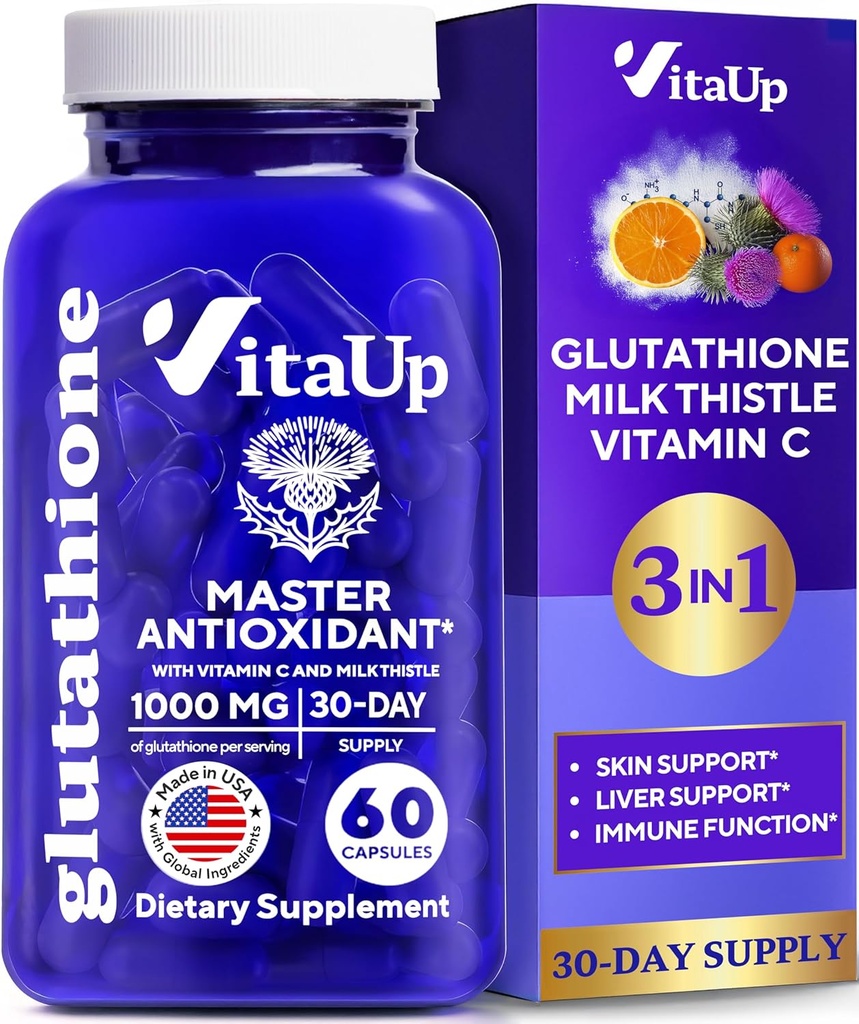 減らされたグルタチオンの補足1000mg - 米国は肝臓の心配、皮サポート及び免疫の幸福のためのビタミンC及びミルクのこの薬が付いているグルタチオンのカプセルを- 60の計算作りました