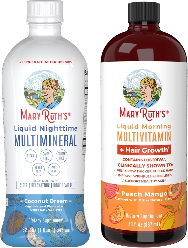 MaryRuth's Nighttime Multimineral(ココナッツ、32oz) & Multivitamin Liquid + Hair Growth(ピーチマンゴー、30oz) | クリーンラベルプロジェクト Verified® | ベッドタイムルーチン&ビューティー | 砂糖フリー, 完全菜食主義者の, グルテンフリー