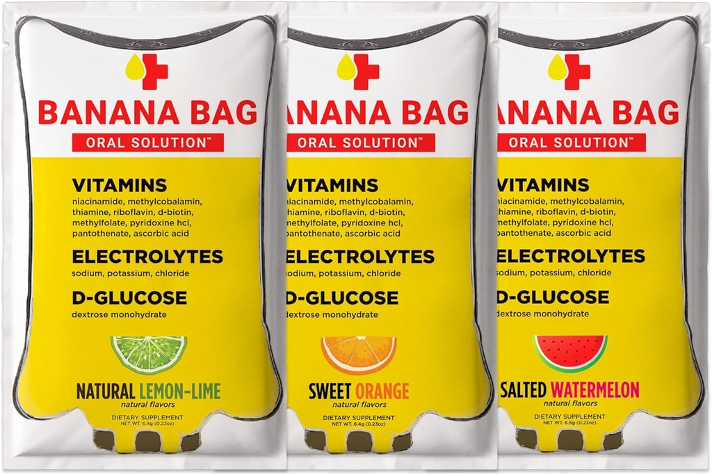 Banana Bag Oral Solution Packets – Variety Pack 6pk | A Refreshing Blend of Electrolytes, Vitamin C, and B-Complex | Crafted for Hydration and a Daily Boost Anytime—at Home, Work, or on The Go