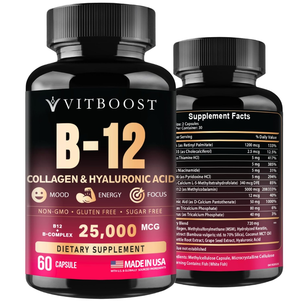B12 ヒアルロン酸、コラージュ、葉酸 - 25000 mcg B12 複合体 | 吸収・エネルギーの最大化 | グルテンフリー米国製、B1、B2、B3、B6、B7、B12 ビタミン 5000 mcg メチルコバルミン - 60 カプセル
