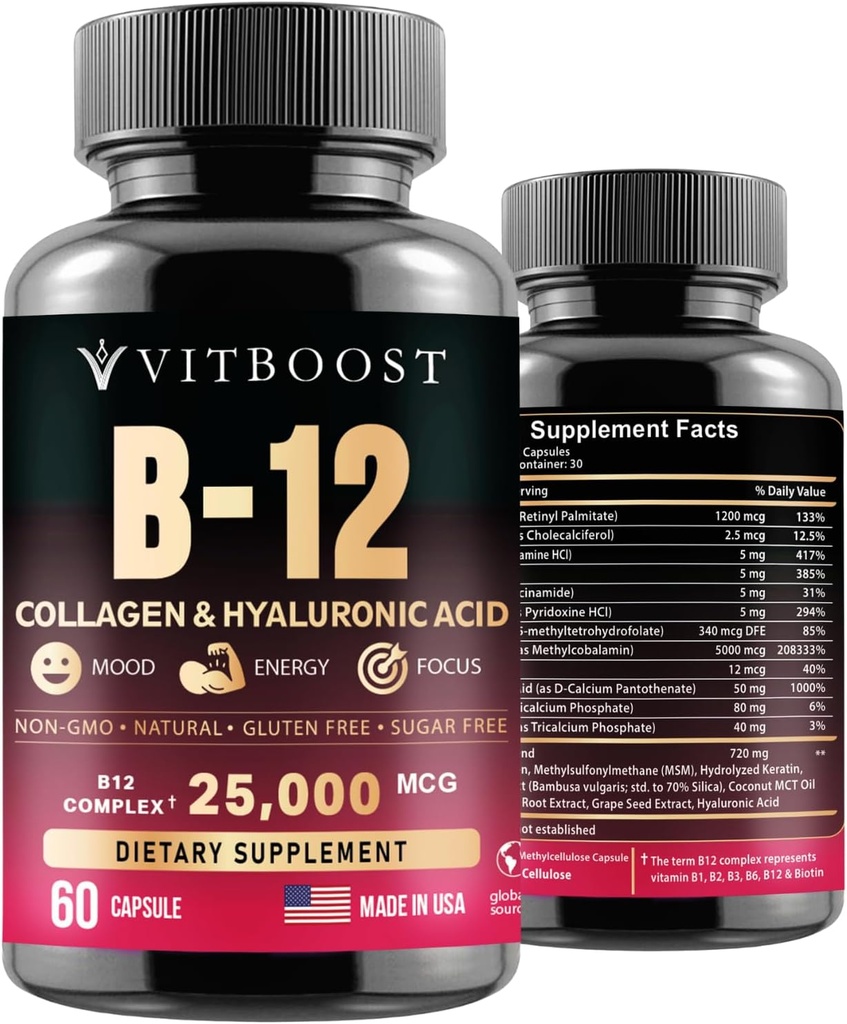 B12 with Hyaluronic Acid, Collagen and Folate – 25000 mcg B12 Complex | Maximize Absorption & Energy | Gluten Free USA Made, B1, B2, B3, B6, B7, B12 Vitamins 5000 mcg Methylcobalamin - 60 Capsules