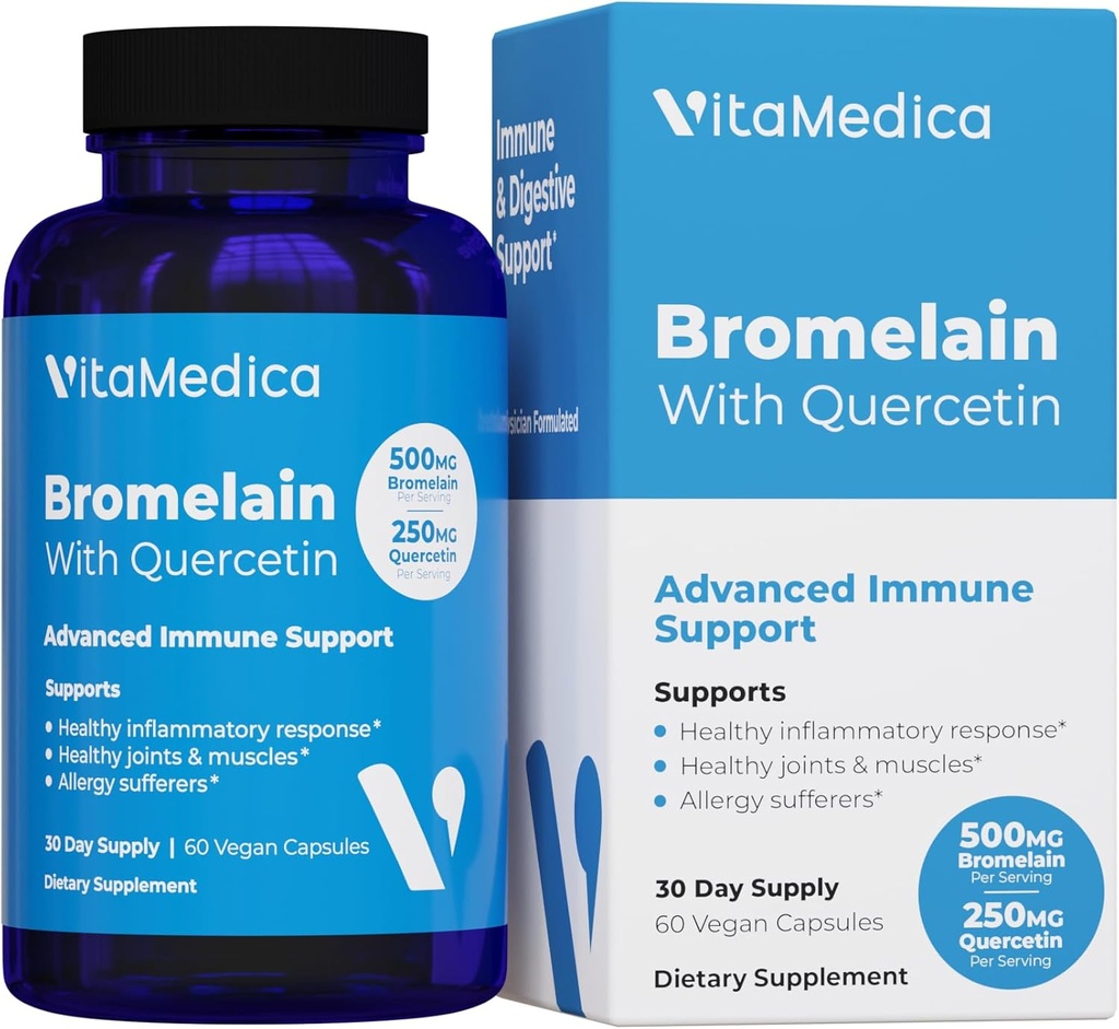 VitaMedica Bromelain & Quercetin Supplement - 500mg Bromelain 250mg Quercetin - 2400 GDU for Immunity, Joint Support, Inflammation and Muscle Recovery - 60 Vegan Capsules - 30 Servings