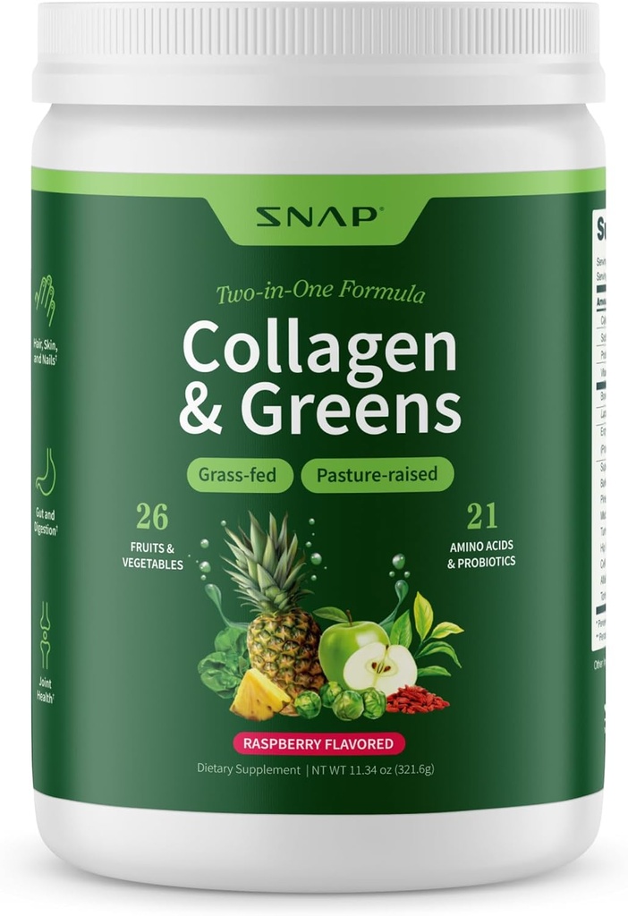 Snap Supplements Super Greens Powder with Collagen Peptides, 26 Fruits and Vegetables, Grass Fed, Non-GMO Daily Greens for Hair, Skin, Nails & Joint Support, 11.34 oz, (30 Servings, 1 Month Supply)