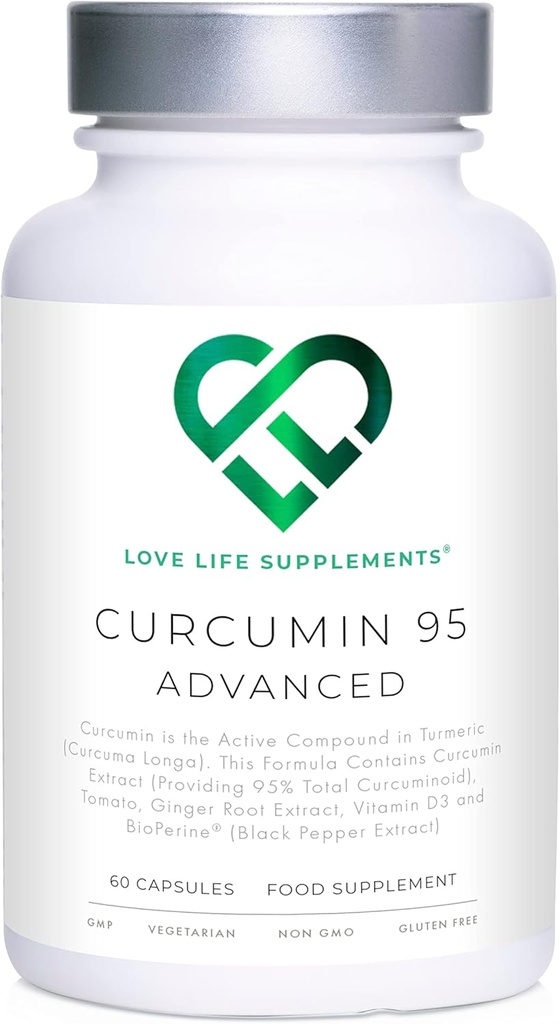 Curcumin 95 Advanced、60カプセル、高強度クルクミン(ターメリックの活性成分)、95%クルクミノids + BioPerine®(ブラックペッパーエキス)、ビタミンD、トマト、ジンジャールート、GMP承認