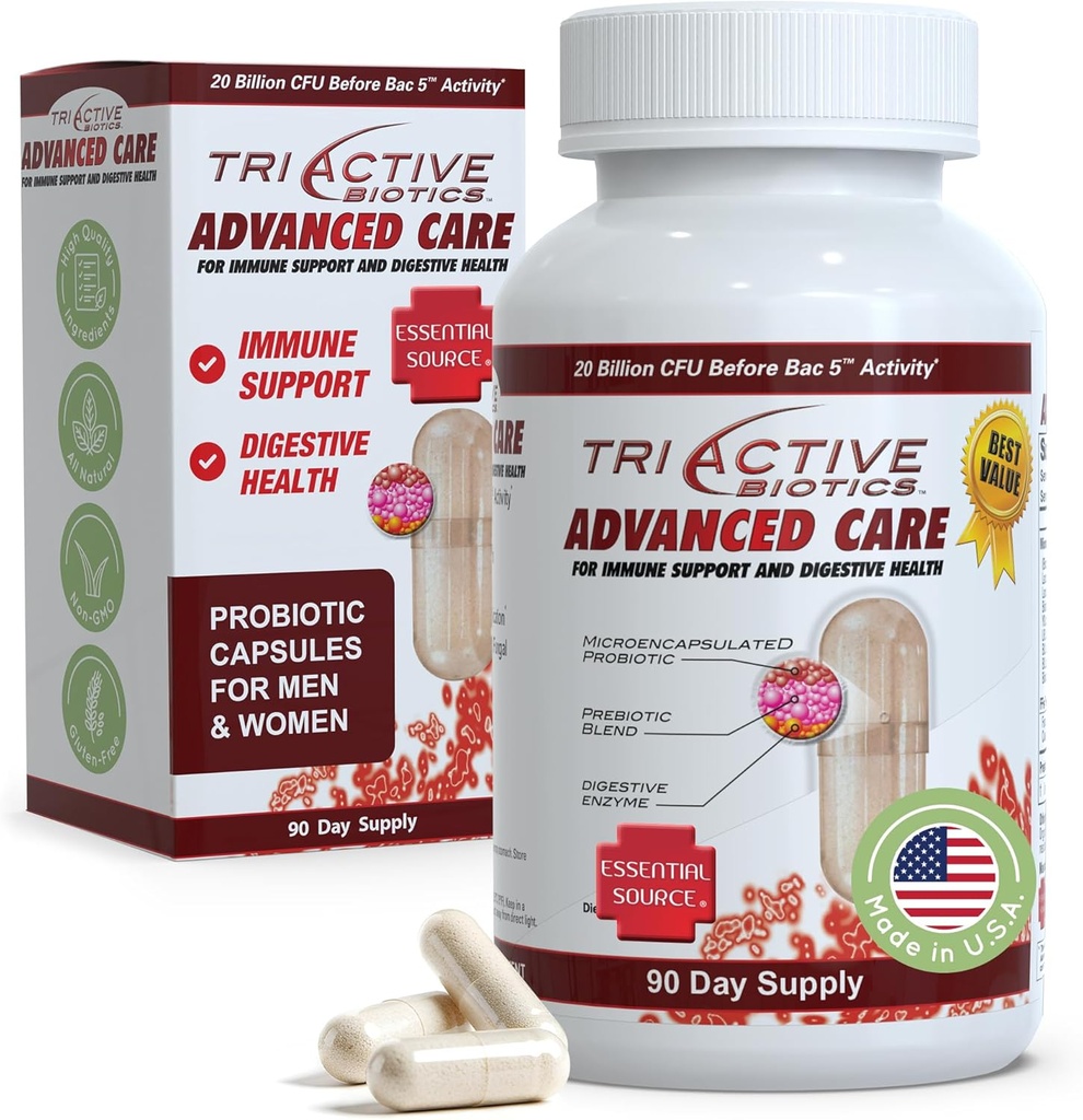 エッセンシャルソースTriActiveバイオティクスアドバンストケア - 消化の健康、免疫サポートサプリメント、女性&男性のためのマイクロカプセル化プロバイオティクス、90 Ctカプセル