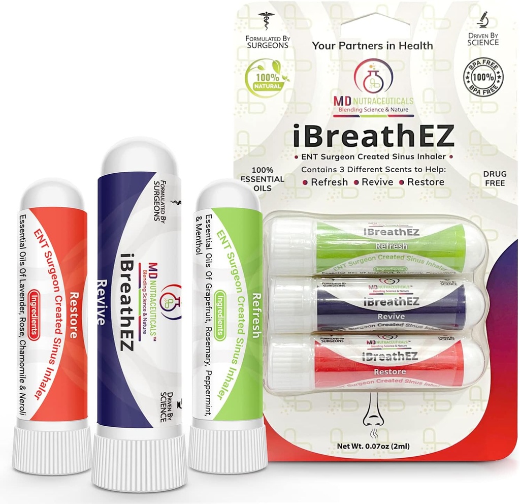 iBreathEZの鼻のSinusの吸入装置のキットはエネルギー、圧力、Decongesting及び風邪またはアレルギーの救助のための精油が付いているENTの外科医によって公式にしました(3パック)