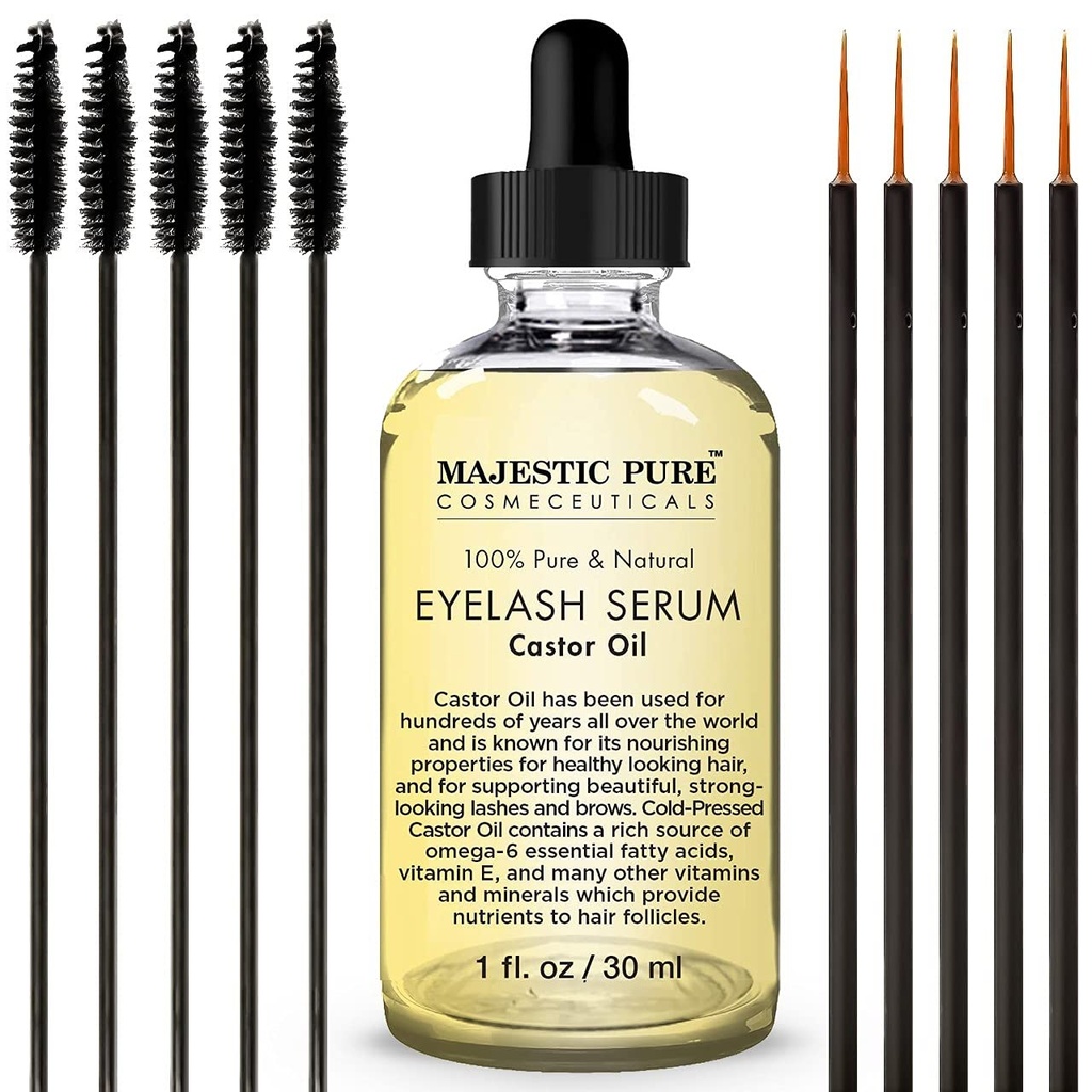 Majestic Pure Castor Oil Eyelash Serum - with Apple & Argan Stem Cells - Eyelash Growth Serum for longer thicker Eyelashes, Eyebrows & Hair - Free Set of Mascara Brush & Eyeliner Applicator - 1 fl oz