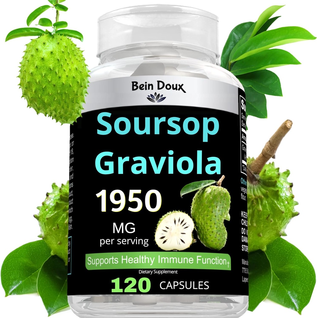 1950mg Soursop Graviolaのカプセル(Guanábana)の有機性は無臭剤で豊富な粉を- 120のカプセル40のサービング取り除きます