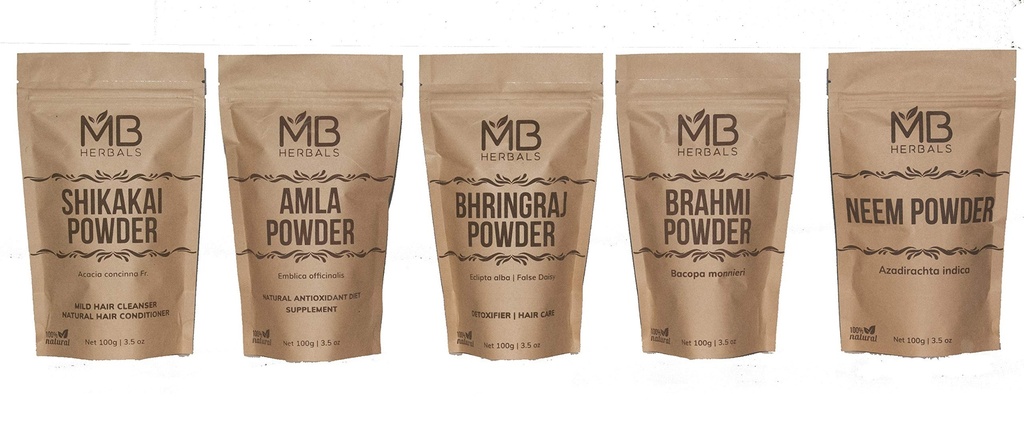 MBの草のヘアケアはCOMBOのパックを粉にします | 七海 | ネム | ブラフミ | アムラ | ブレラ | 粉 | 100 グラム 各 | 毛のパック | 外的な使用だけ
