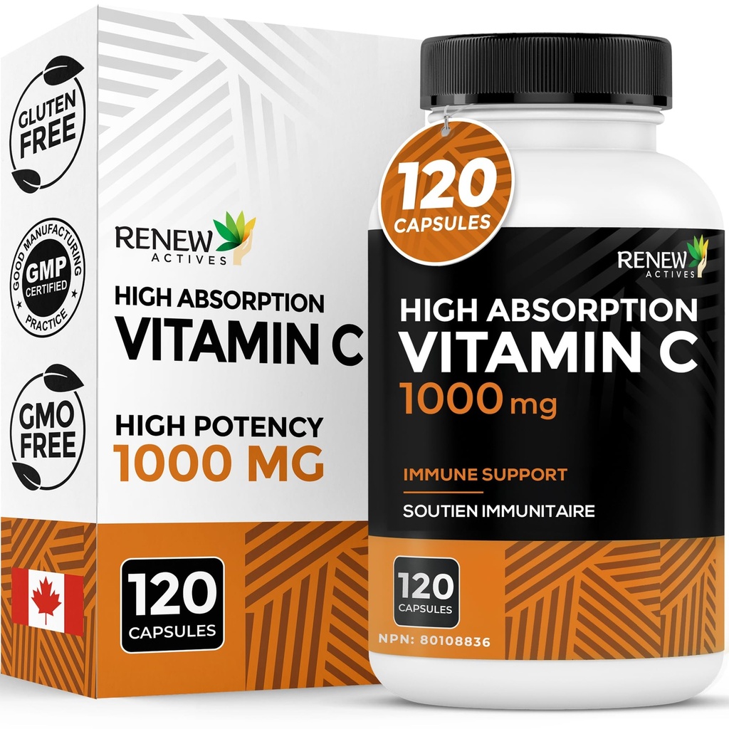 RENEW ACTIVES 最大強度ビタミンC 1000MG/サービング - 全体的な健康、骨、歯とグムのための抗酸化&免疫ブースター - 非GMO、砂糖フリー、4ヶ月の供給 - カナダ製 - 120カプセル