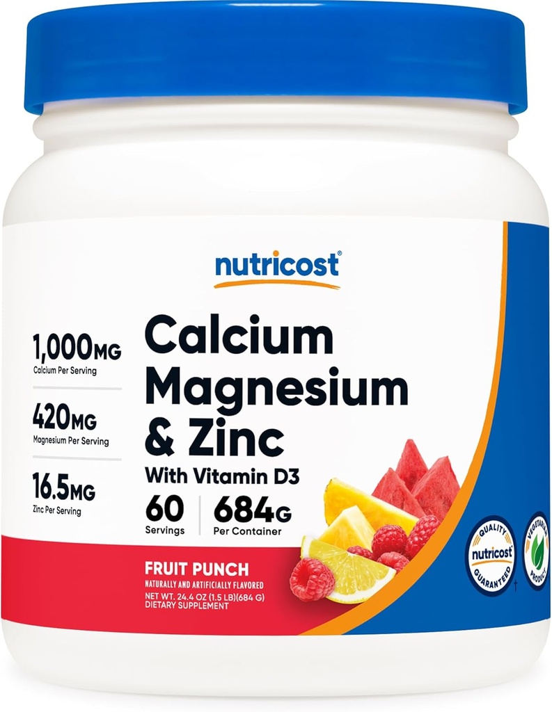 ビタミンD3の粉が付いているNutricostカルシウム マグネシウム亜鉛、60のサービング(フルーツ パンチ) - カルシウム(1000 MG) マグネシウム(420 MG) 亜鉛(16.5 MG) ビタミンD3 (30 MCG) - グルテンフリー、非GMO