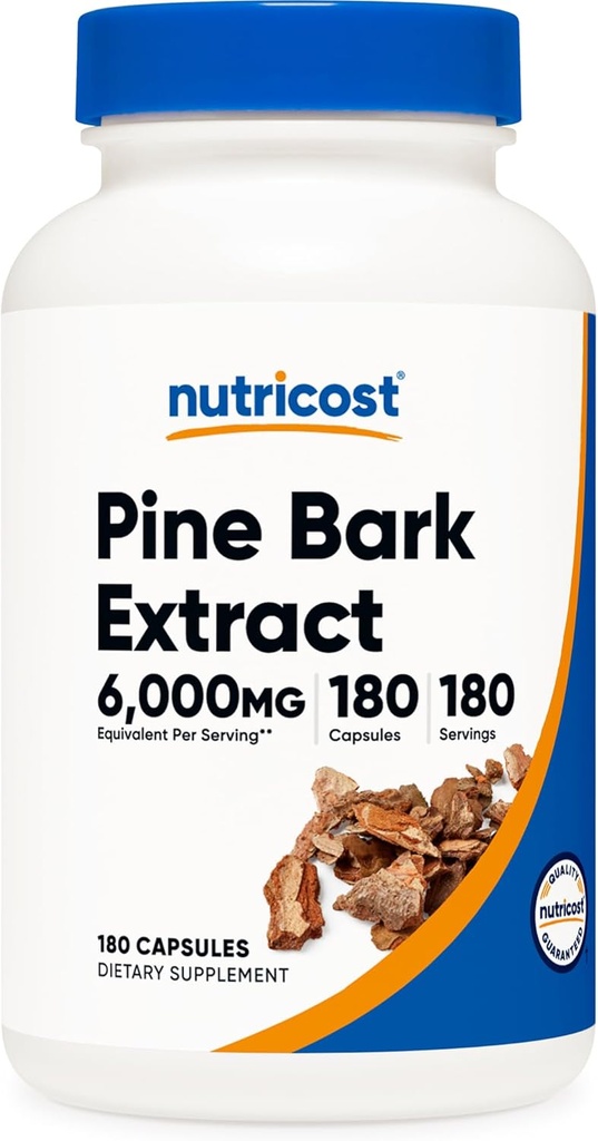 Nutricost Pine Bark Extract 6000mg Equivalent (from 300mg of 20:1 Extract), 180 Capsules, Standardized to Contain 95% Proanthocyanidins - Vegetarian, Non-GMO and Gluten Free