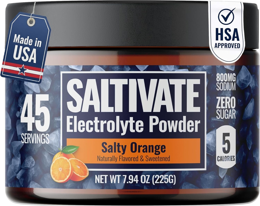 Zero Sugar Electrolyte Powder | Salty Orange Hydration (with Stevia) | High Sodium Potassium Magnesium Electrolytes for Fasting, POTS, Sweat Recovery | Makes 45 Servings of 32 Fl Oz | Made in USA