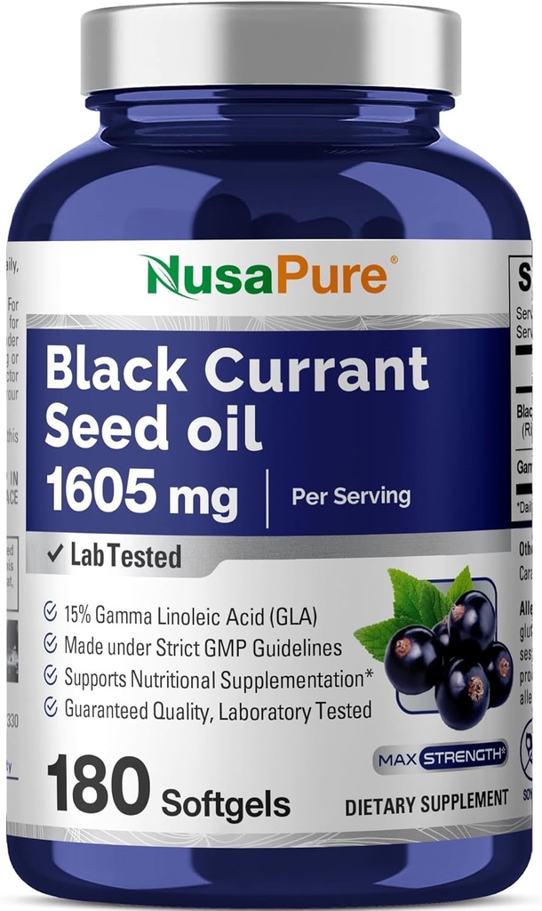 NusaPure Black Currant Seed Oil 1605 mg Gamma Linoleic Acid (GLA) 15% 180 Softgels (Non-GMO, Soyfree)