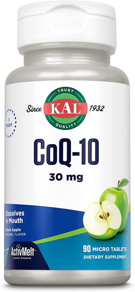 KAL CoQ10 30mgの酸化防止方式、心の健康および細胞エネルギー サポートのためのCoEnzyme Q10の補足、速い分解のActivMelt、ベジタリアン、自然な緑のAppleの味、90のサーブ、90マイクロ タブレット