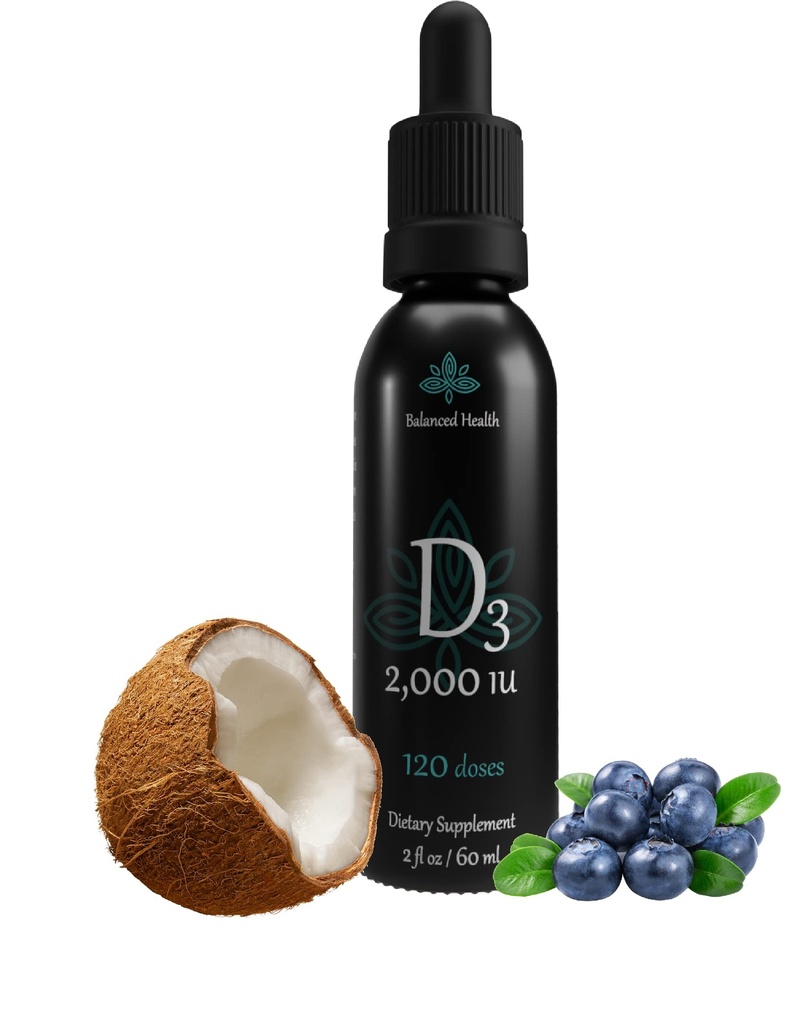 バランスの健康D3 2,000 IU、2 Fl Oz、120の点、ブルーベリーの味、液体のビタミンDはより速い吸収のためのMCTオイル、非GMOのベジタリアンの金庫を低下させます