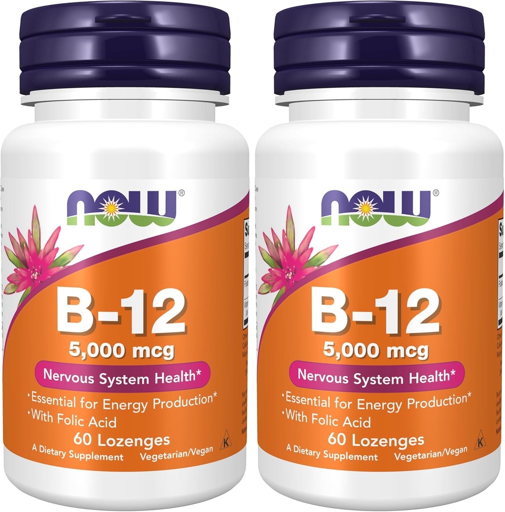 NOW Supplements, Vitamin B-12 5,000 mcg, with Folic Acid, Nervous System Health*, 60 Lozenges (Pack of 2)