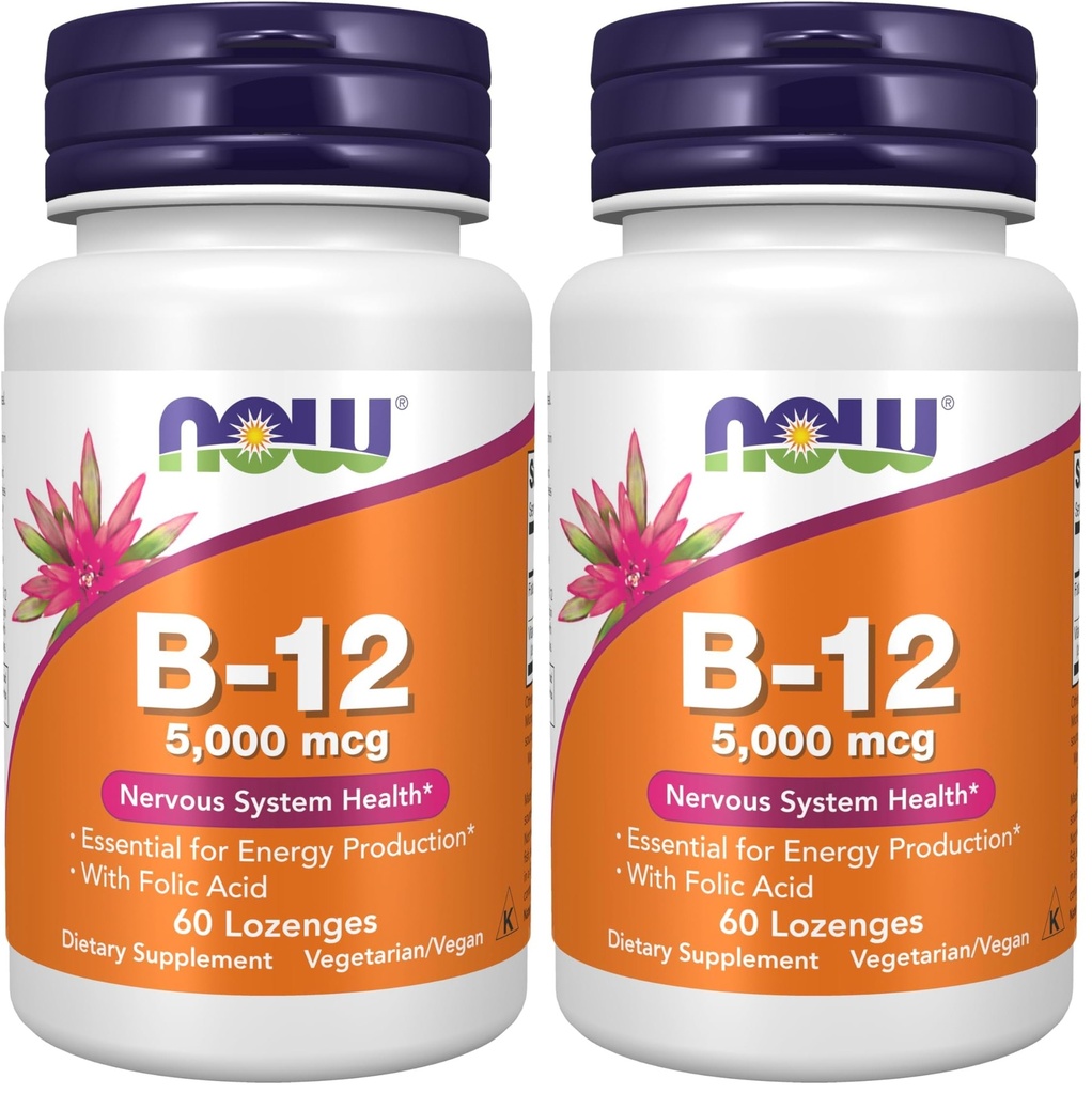 NOWサプリメント、ビタミンB-12 5,000 mcg、葉酸、神経系健康*、60 Lozenges(パッケージ2)