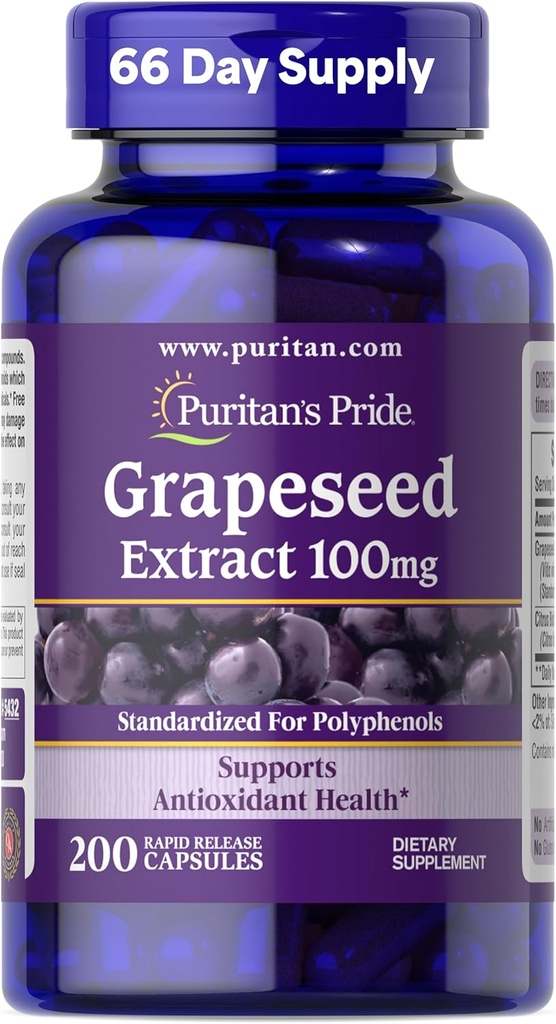 Puritan's Pride Grapeseed Extract 100mgとCitrus Bioflavonoid Complex、抗酸化剤と心臓の健康サポートのための栄養補助食品、200迅速なリリースカプセル