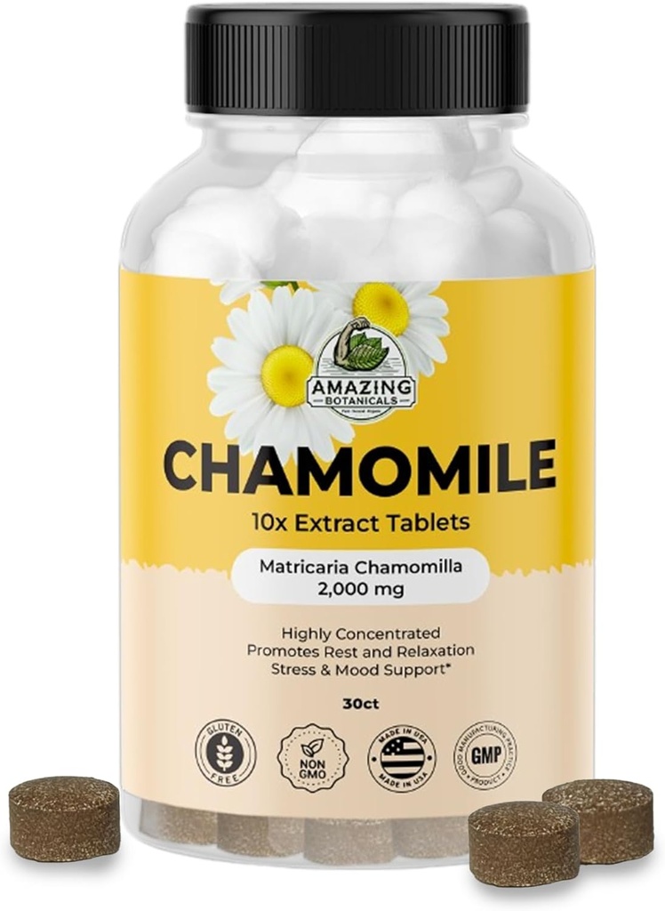 Amazing Botanicals Organic Chamomile Extract Tablets - Matricaria Chamomilla Plant-Based Supplement - 10x Extract 2000 MG Each - Promotes Relaxation - 30 Tablets