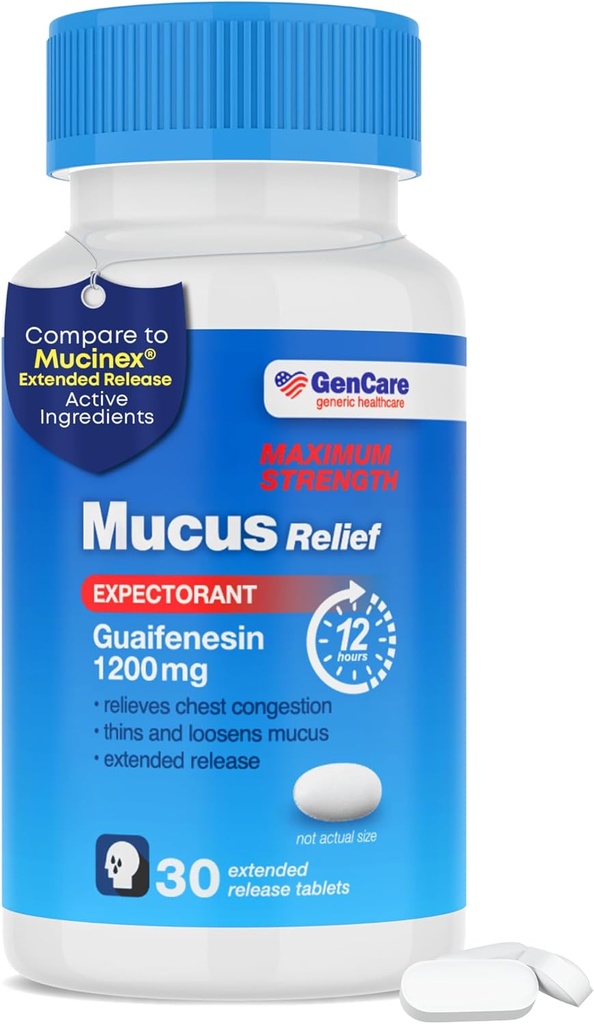 GenCare Mucusの救助1200のmgの最高の強さ(30の計算)1200mg Guaifenesinの延長Releaseのタブレット–大人のための箱の混雑の救助のためのexpectorant –最高の強さ12時間と比較して下さい